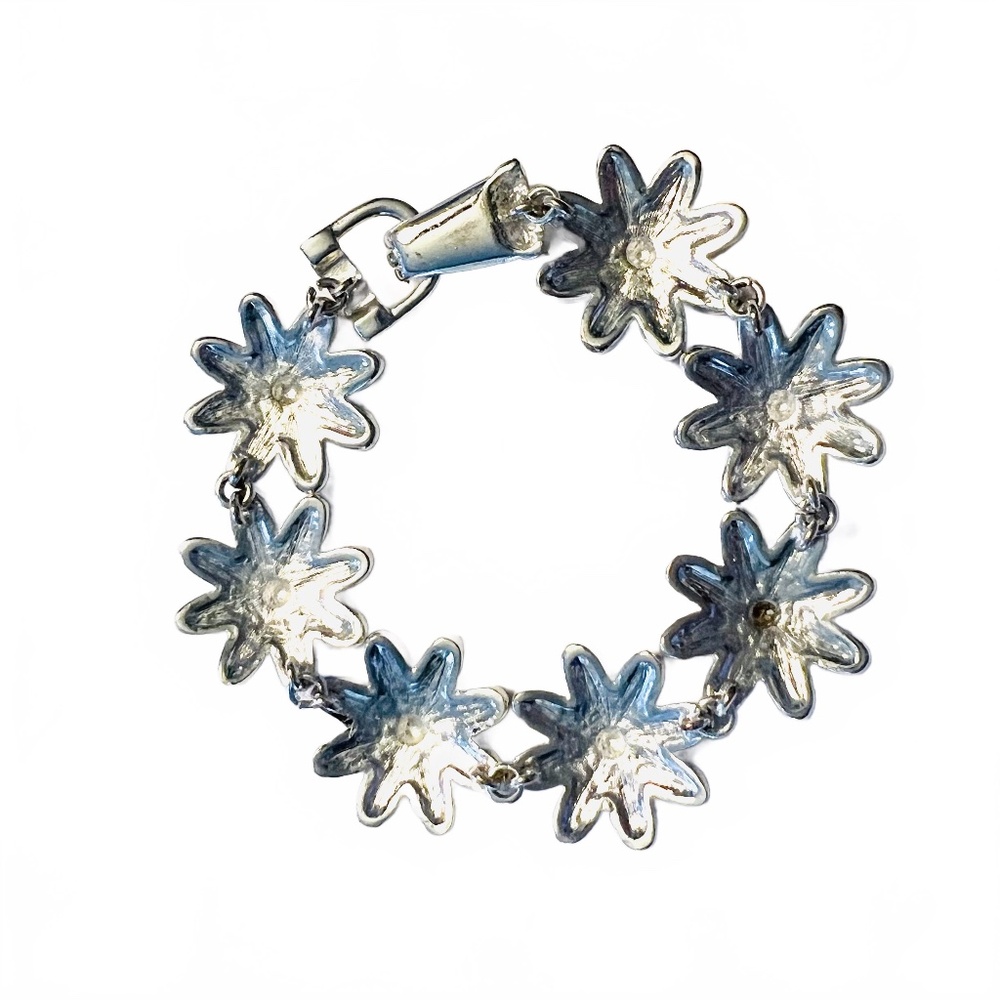 Floral Link Style Bracelet Black Silvertone - Picture 2 of 5